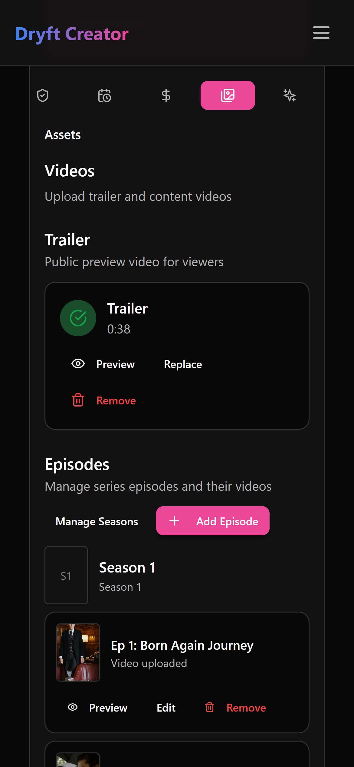Dryft title setup and sharing screens